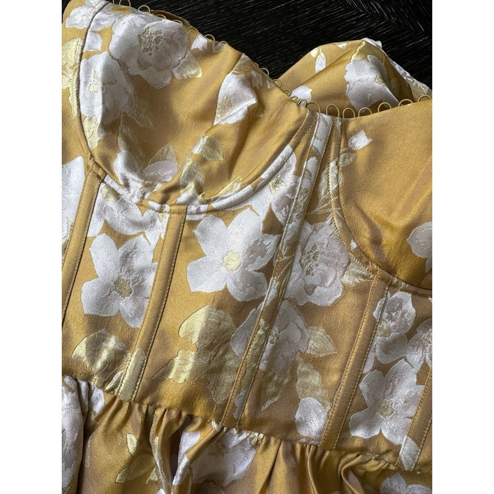 $525 Anthropologie V. Chapman Vera Ruffle Corset Slit Gold Dress Floral  10 Midi - Picture 7 of 15